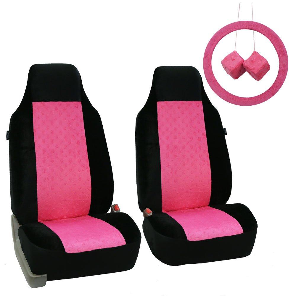  [AUSTRALIA] - FH Group FB150PINKBLACK102 Pink/Black Heart Patterned Velour Seat Cover (Accessory Set W. Steering Wheel Cover and Pair of Fuzzy Dice)