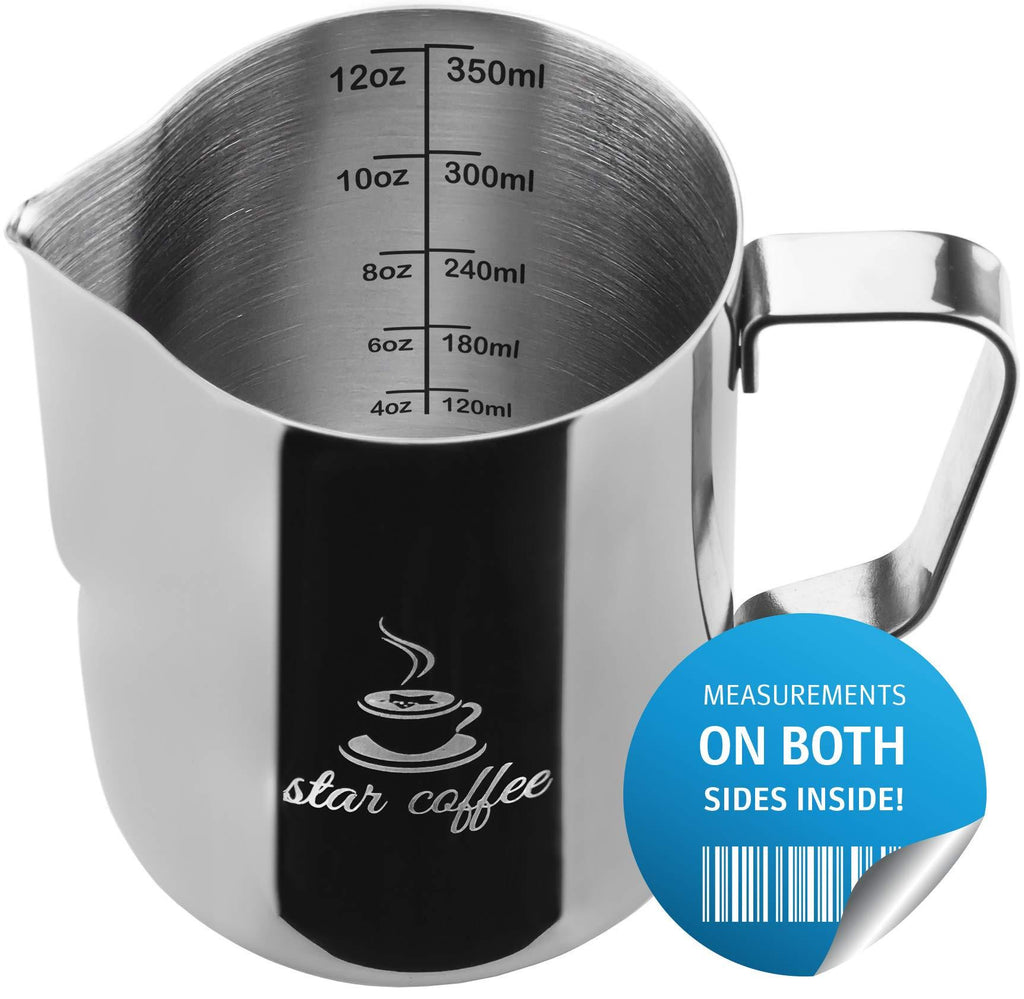  [AUSTRALIA] - Star Coffee Frothing Pitcher 12oz - Milk Steaming Pitchers 12 20 30oz - Measurements on Both Sides Inside Plus eBook - Perfect for Espresso Machines, Milk Frothers, Latte Art - Stainless Steel Jug 12 ounces