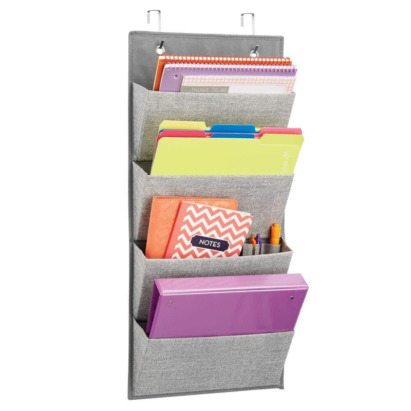 mDesign Soft Fabric Wall Mount/Over Door Hanging Storage Organizer - 4 Large Cascading Pockets - Holds Office Supplies, Planners, File Folders, Notebooks - Textured Print - Gray Grey - LeoForward Australia