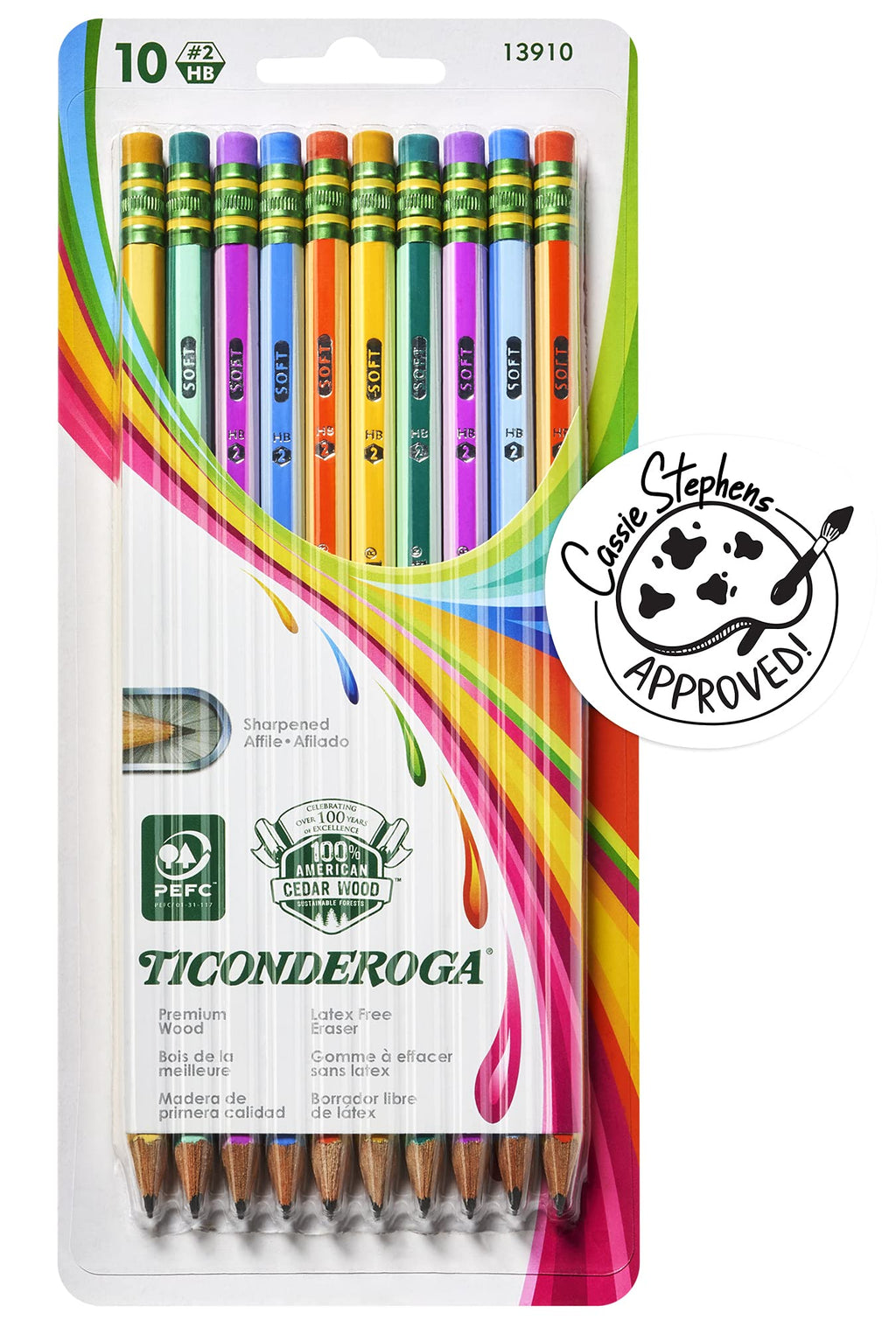  [AUSTRALIA] - Ticonderoga X13910 Striped Wood-Cased Pencils, 2 HB Soft, Pre-Sharpened, 10 Count, Assorted Colors