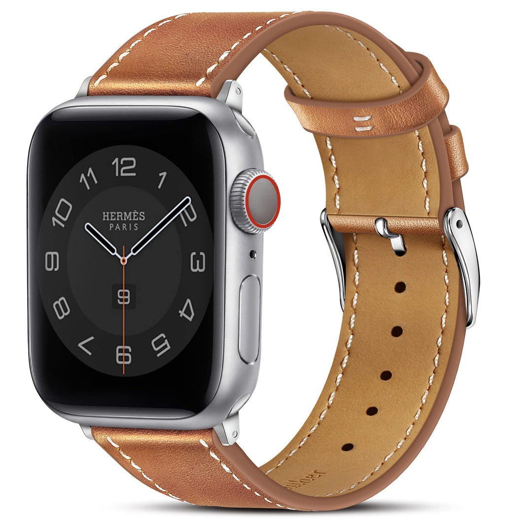  [AUSTRALIA] - Marge Plus Compatible with Apple Watch Band Series SE 7 6 5 4 3 2 1 45mm 41mm 44mm 40mm 42mm 38mm, Genuine Leather Replacement Band for iWatch, Leather Apple Watch Strap for Women & Men, Brown A-Brown/Silver 38mm / 40mm / 41mm