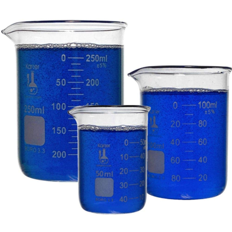 Karter Scientific 214T2, 3.3 Boro, Griffin Low Form, Glass Beaker Set - 3 Sizes - 50ml, 100ml, 250ml 50 / 100 / 250mL LOW FORM - STANDARD - LeoForward Australia