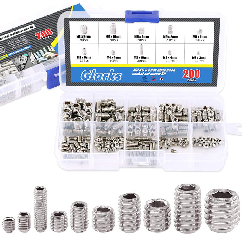  [AUSTRALIA] - Glarks 200-Piece M3 4 5 6 8 Hex Allen Head Socket Set Screw Assortment Kit (304 Stainless Steel) 200Pcs Silver Metric Set Screws Kit