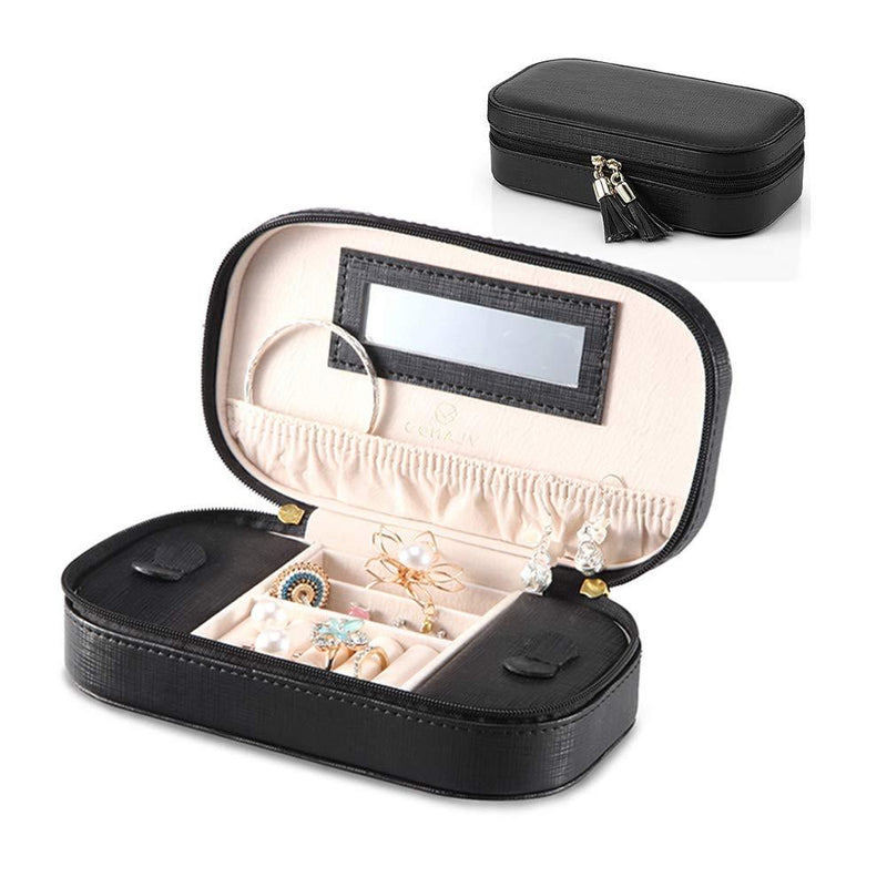  [AUSTRALIA] - Vlando Small Travel Tassel Jewelry Box Organizer - Woman Girls Faux Leather Jewelries Storage Holder for Necklaces Earrings Rings, Black