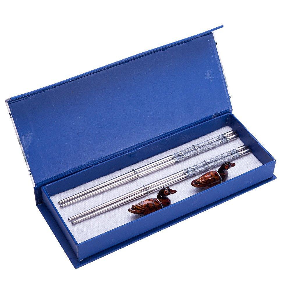  [AUSTRALIA] - 4 (2 pairs) Silver Stainless Steel Chopsticks & Mandarin Duck Holders Set In Gift Box by THY COLLECTIBLES