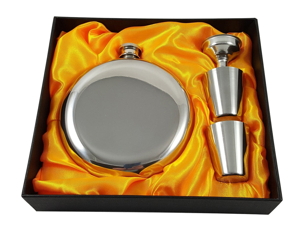  [AUSTRALIA] - 10 oz Round Flask Gift Set with Two Shot Glasses and Funnel in a Black Gift Box 10 oz
