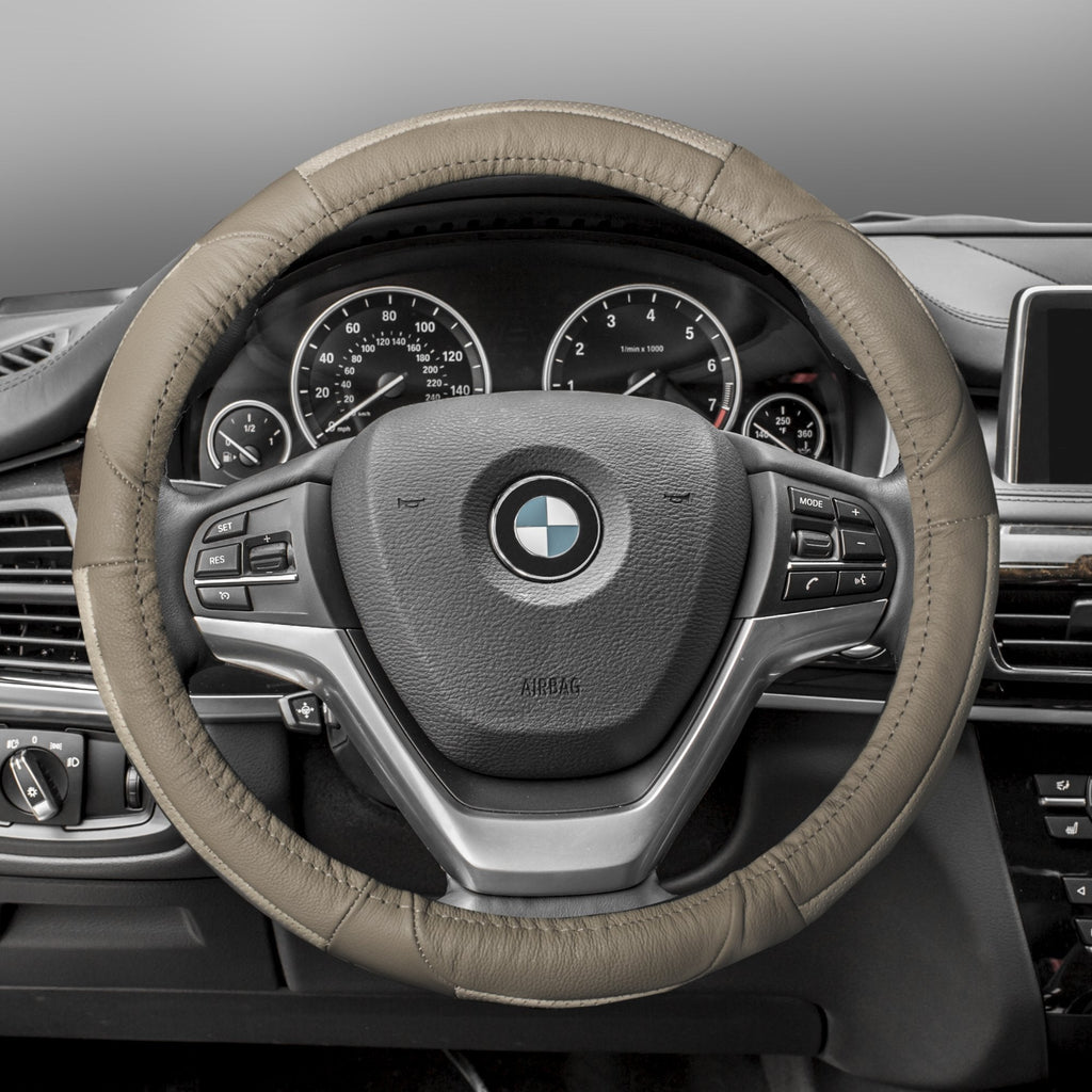  [AUSTRALIA] - FH Group FH2002SOLIDBEIGE Steering Wheel Cover (Deluxe Full Grain Authentic Leather Solid Beige)