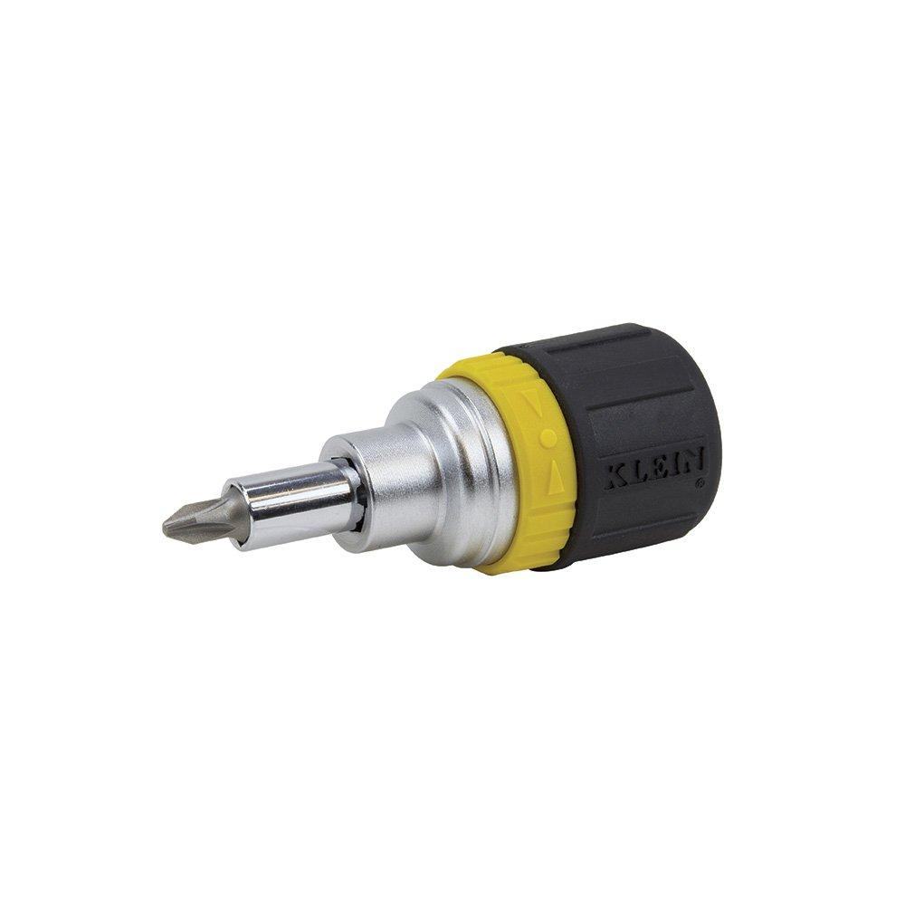  [AUSTRALIA] - Klein Tools 32593 Multi-bit Ratcheting Screwdriver, 6-in-1 Stubby Tool with Phillips and Slotted Bits and 2 Nut Driver Sizes Bit Configuration 1