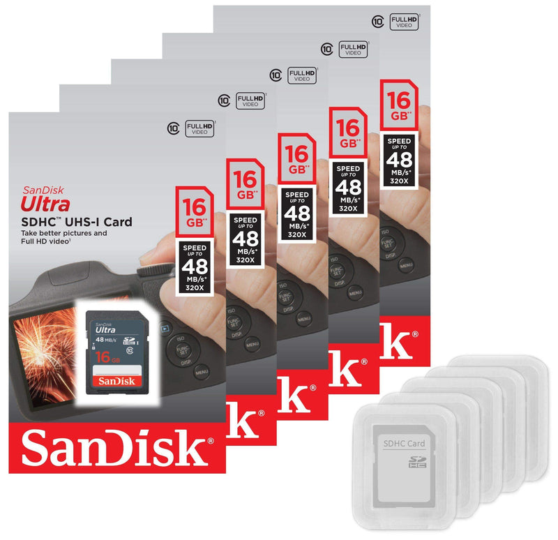 5 Pack - SanDisk Ultra 16GB SD SDHC Memory Flash Card UHS-I Class 10 Read Speed up to 48MB/s 320X SDSDUNB-016G-GN3IN Wholesale Lot + (5 Cases) - LeoForward Australia