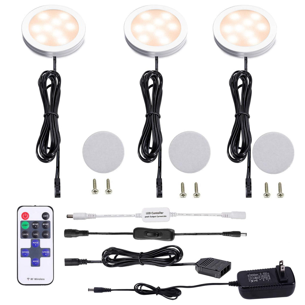 Dimmable LED Under Cabinet Puck Lights AIBOO 3 Lamps Kit with RF Remote Control for Home Kitchen Counter Lighting (Warm White 2700K) Warm White - LeoForward Australia