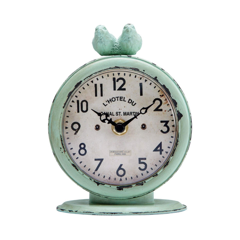 NIKKY HOME Vintage Table Clock, Shabby Chic Pewter Round Quartz Shelf Desk Clock with 2 Birds, 4.75" x 2.5" x 6.12", Light Green - LeoForward Australia