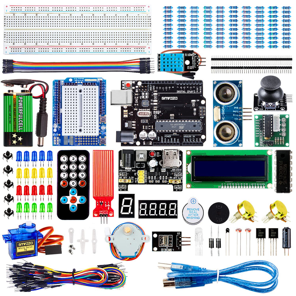 Smraza Super Starter Kit Project Kit with Breadboard, Power Supply, Jumper Wires, Resistors, LED, LCD 1602, Sensors, Detailed Tutorial for Project, Compatible with Arduino - LeoForward Australia