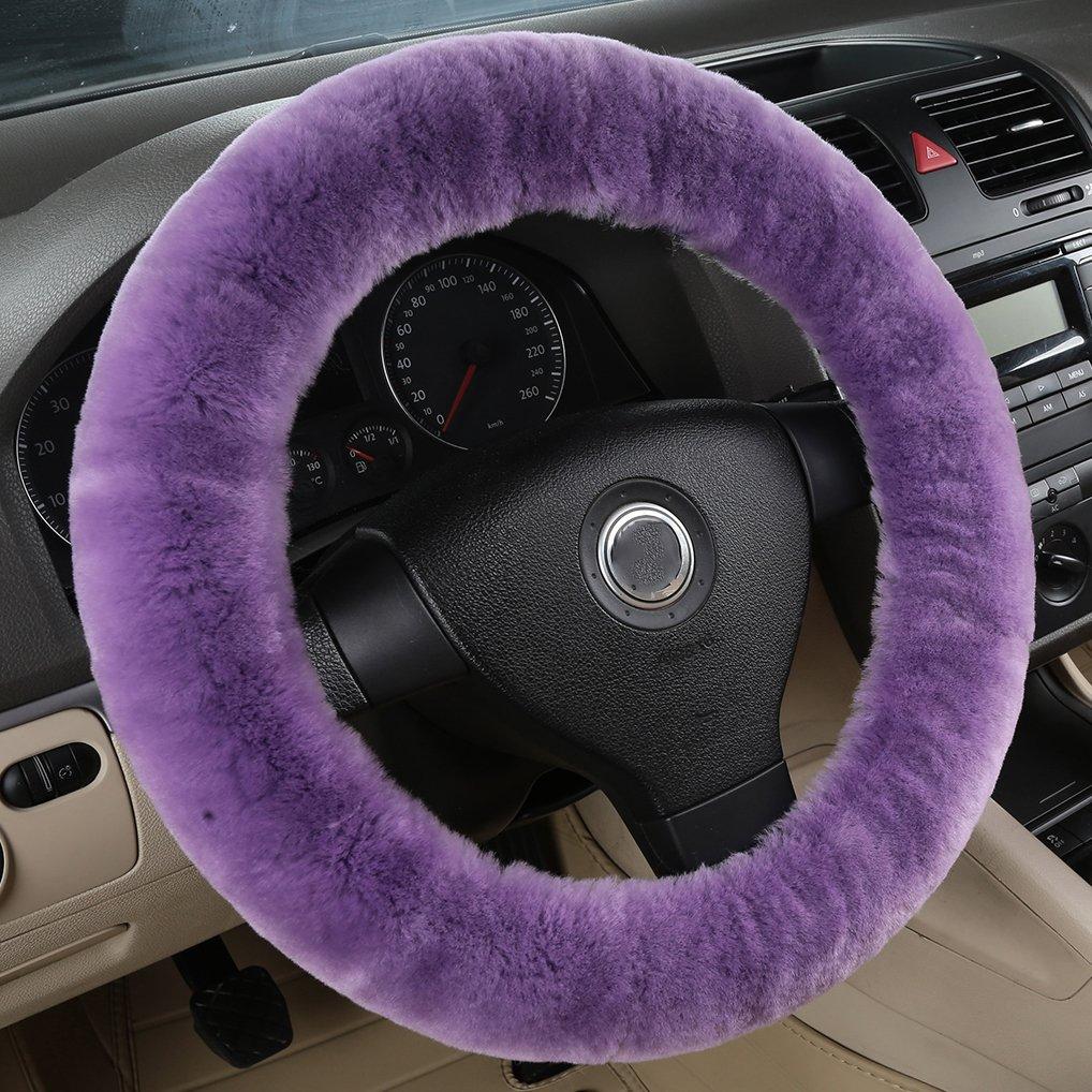  [AUSTRALIA] - Bellesie Universal Warm Winter Genuine Wool Sheepskin Car Steering Wheel Cover Cushion Protector for 35cm-43cm Steering Wheel in Diameter Purple