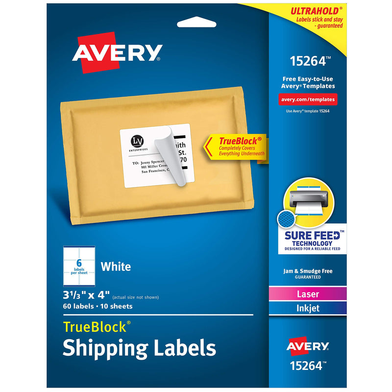 Avery Shipping Address Labels, Laser & Inkjet Printers, 60 Labels, 3-1/3x4 Labels, Permanent Adhesive (15264) - LeoForward Australia