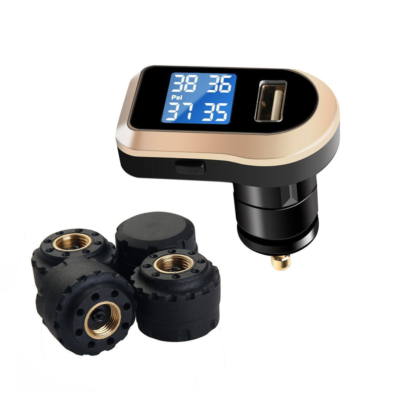Vesafe Wireless Tire Pressure Monitoring System (TPMS), with 4 External Cap sensors. (Cigarette Lighter Plug with 2A Charging) (Color) Cigarette Light Display with 2A Charging - LeoForward Australia