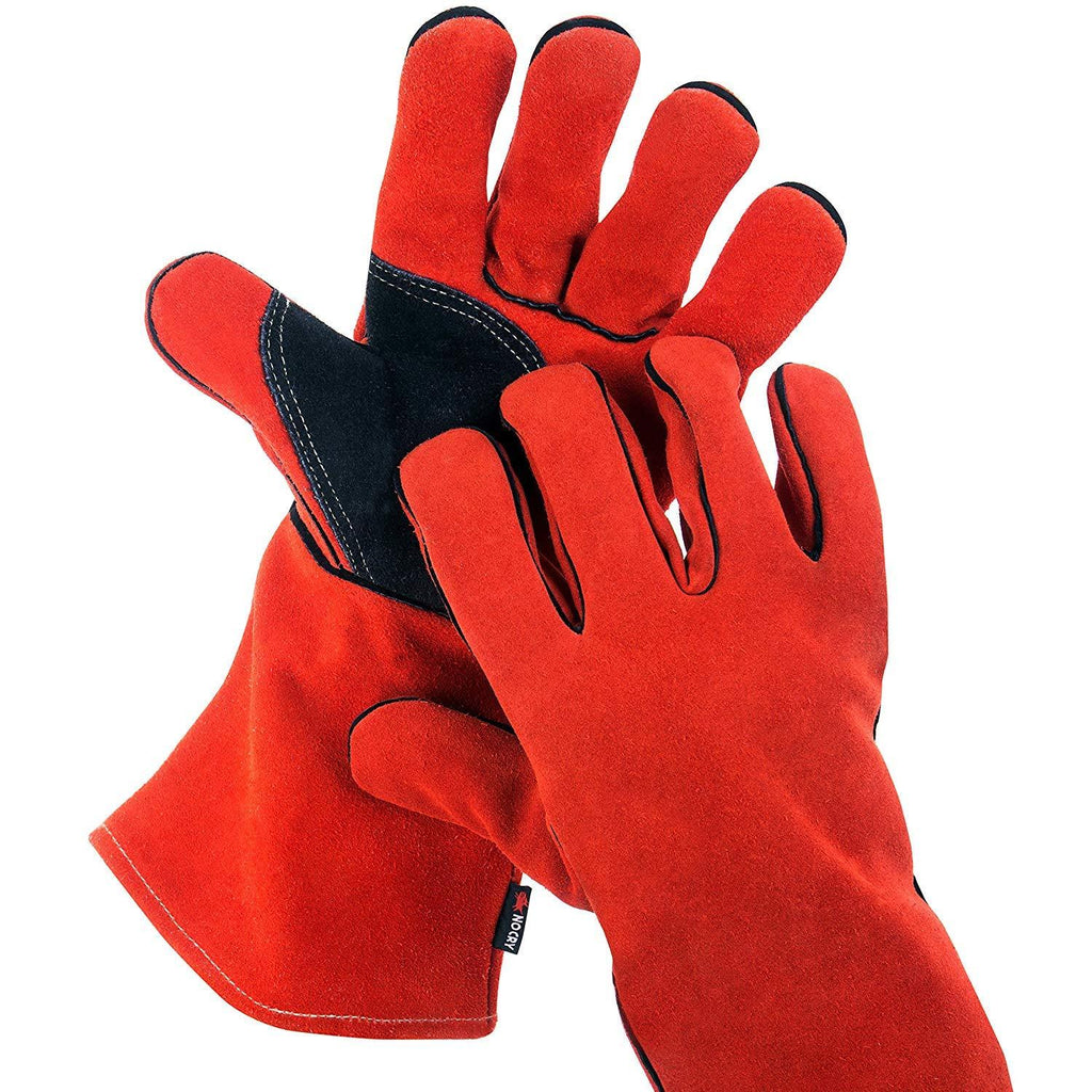  [AUSTRALIA] - NoCry Heavy Duty Heat Resistant & Flame Retardant Welding & BBQ Gloves, Premium Cowhide Leather, Long 14 inch Forearm Protection. Red, Size Large