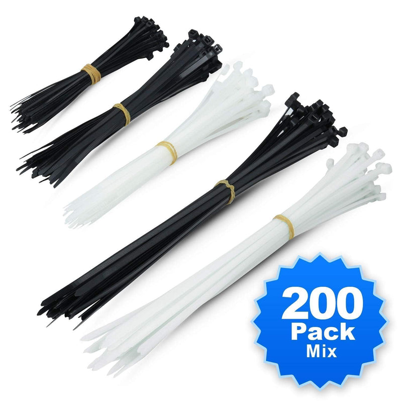  [AUSTRALIA] - Simple Deluxe HICBLTIEMIX 200-PCS 6+8+12 Inch Self-Locking Versatile Nylon Cable Wire Zip Ties in Black & White, Mix 200pcs, Black&White
