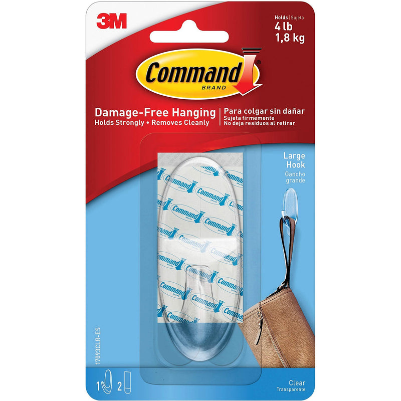 3M Command 17093CLRES Adhesive Hanging Hook, Large, Holds 4lbs, Clear - LeoForward Australia