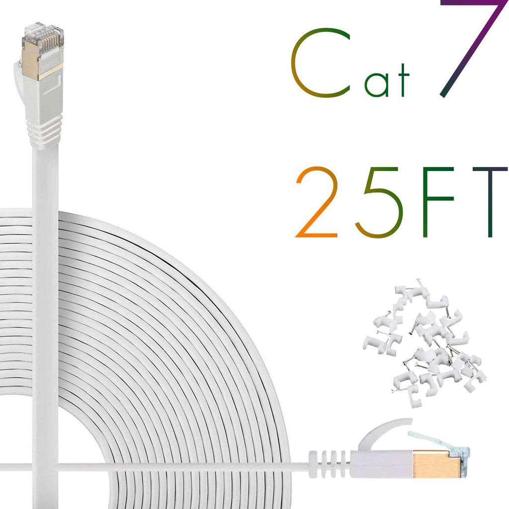  [AUSTRALIA] - Cat7 Ethernet Cable 25ft Flat High Speed Shielded (STP) Solid Computer Network Cord with Snagless Rj45 Connectors Slim Durable Internet LAN Wire for Modem,Router.Faster Than Cat5e/Cat5/cat6(White) … 25ft / White