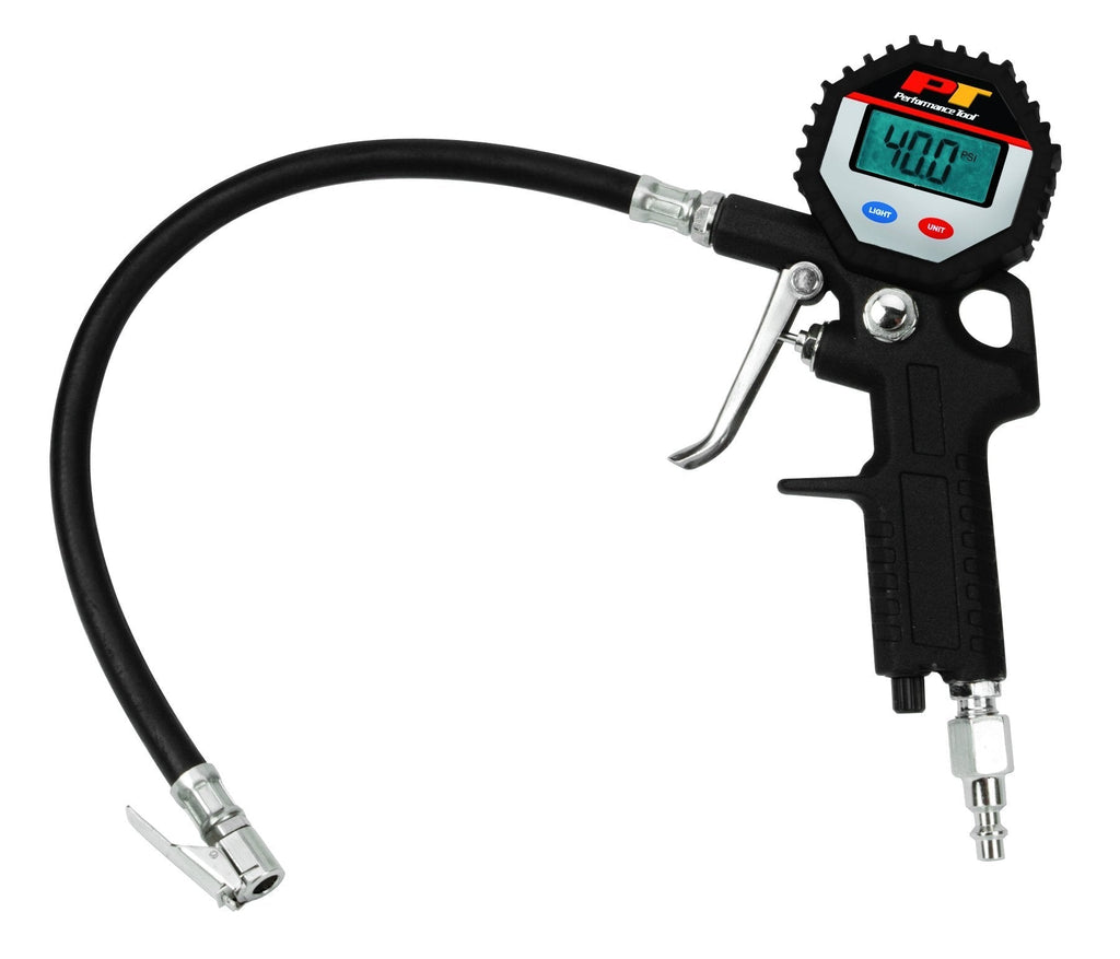  [AUSTRALIA] - Performance Tool M525 Pressure Gauge, Straight Lock-On Air Chuck, LCD Backlit Screen, Digital Tire Inflator with Hose