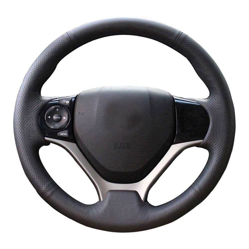  [AUSTRALIA] - Eiseng DIY Sew Black Genuine Leather Steering Wheel Cover Stitch on Wrap for Honda Civic 2012 2013 2014 2015 interior Accessories 13.5-14.5 inches (Black thread) Black leather with Black thread