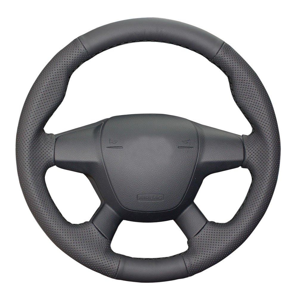  [AUSTRALIA] - Eiseng Genuine Leather Steering Wheel Cover For 2012 2013 2014 2015 2016 2017 4 Spoke Ford Focus Sedan Hatchback For 13-16 Ford Escape SUV for Ford C-Max Interior Accessories 15 inches (Black Thread) Black leather with Black Thread