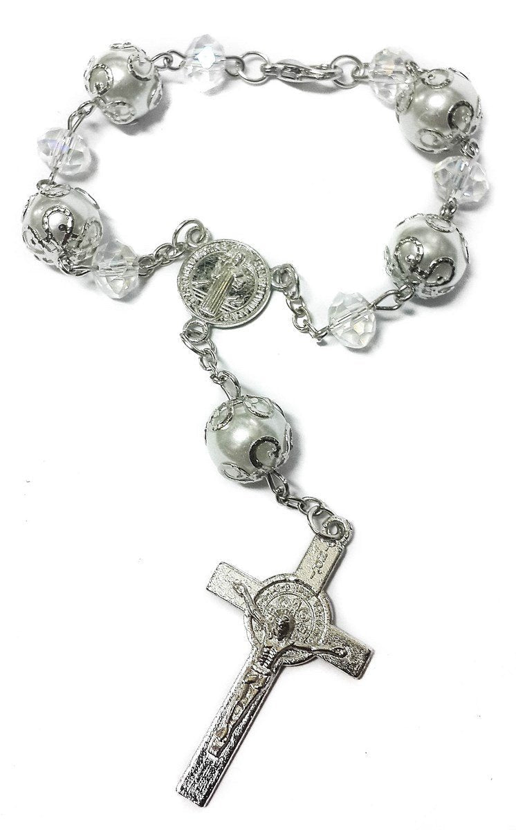  [AUSTRALIA] - Saint Benedict Evil Protection Medal White Clear Crystal Beads Rosary Car Auto Mirror Rearview