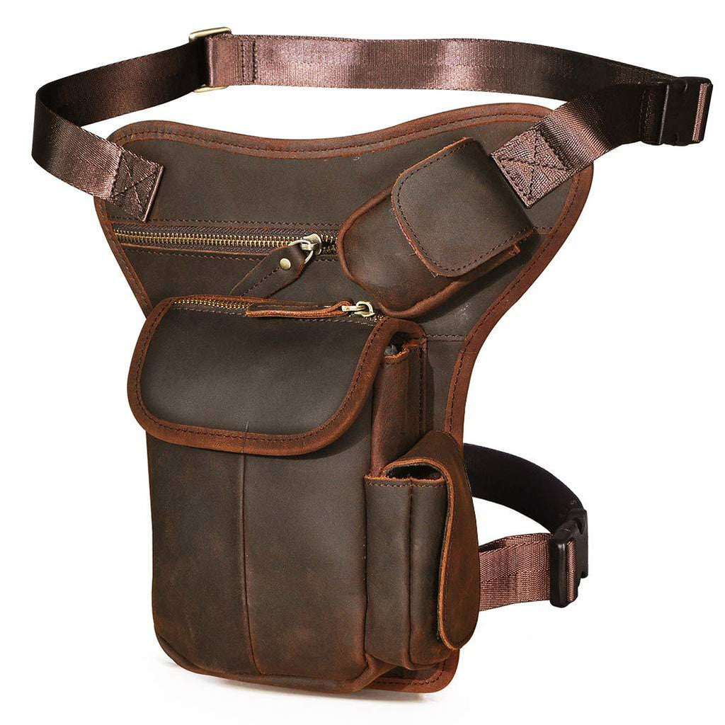 Le'aokuu Mens Genuine Leather Motorcycle Hiking Belt Fanny Waist Hip Bum Pack Drop Leg Bag Pouch 3106 3106 1 Dark Brown - LeoForward Australia