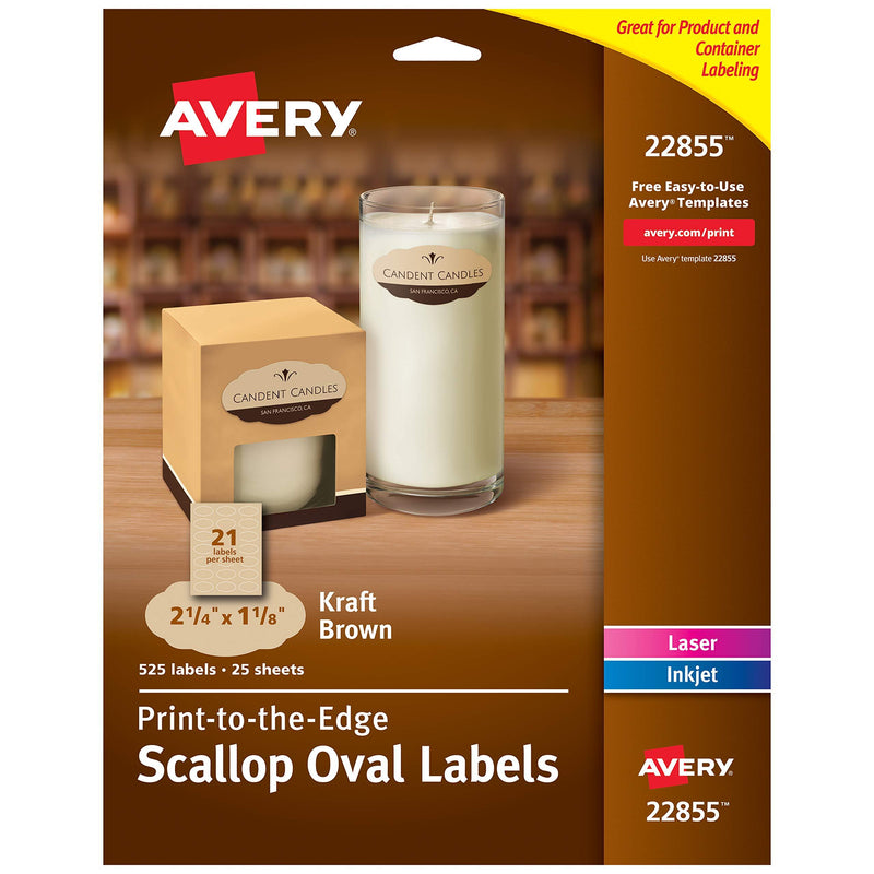 Avery Scallop Oval Labels for Laser & Inkjet Printers, 2-1/4" x 1-1/8", 525 Kraft Brown Labels (22855) (Packaging May Vary) 1-Pack - LeoForward Australia