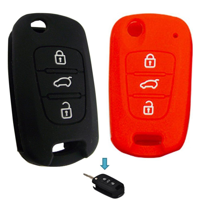  [AUSTRALIA] - KEMANI Lots 2pcs Silicone Cover Skin Jacket Holder Chain Bag Key Fob Case For Flip Kia Sportage Optima Soul 3 Button Smart Remote Key(Black +Red)