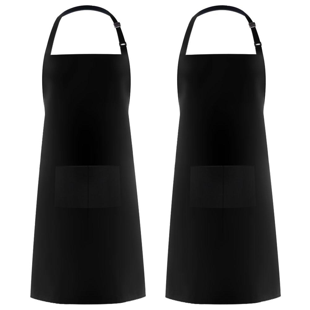  [AUSTRALIA] - Syntus 2 Pack Adjustable Bib Apron Waterdrop Resistant with 2 Pockets Cooking Kitchen Aprons for Women Men Chef, Black Polyester