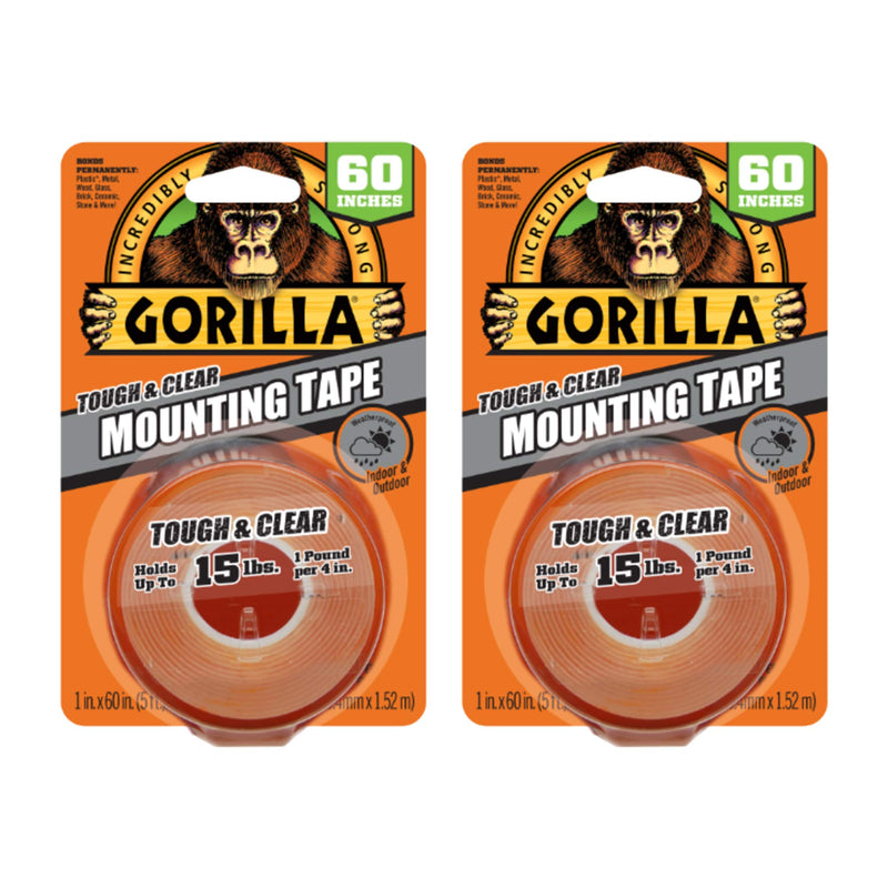  [AUSTRALIA] - Gorilla Tough & Clear, Double Sided Mounting Tape, Weatherproof, 1" x 60", Clear, (Pack of 2) 2 Pack