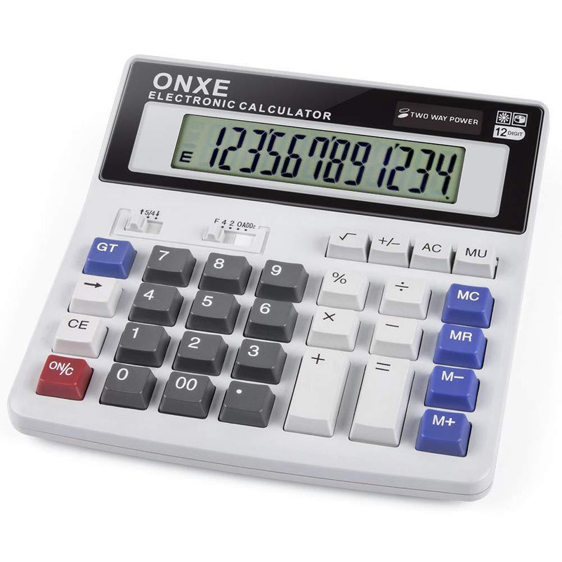  [AUSTRALIA] - Calculator, ONXE Standard Function Scientific Electronics Desktop Calculators, Dual Power, Big Button 12 Digit Large LCD Display, Handheld for Daily and Basic Office (White)