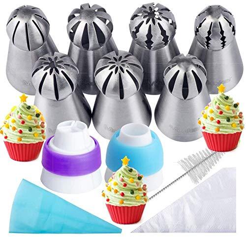  [AUSTRALIA] - Russian Piping Tips 21PCS Kit,Set for | 7 Russian Tips, 10 Disposable Pastry Bags, 2 Coupler, 1 Reusable Silicone Pastry Bag,1 cleaning brush, E-book,by Mooker Metal Color