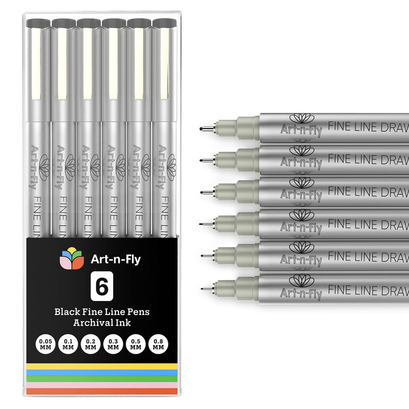  [AUSTRALIA] - Black Fine Point Pens Set of 6 - Drawing Fineliner Pens with Japanese Archival Ink and Various Size Tip - No Bleed Marker Fine Tip Pens for Art Drawing, Sketching, Artist Detailing & Drafting 6 Pack