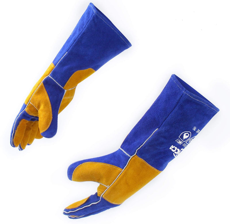  [AUSTRALIA] - RAPICCA Leather Forge/Mig/Stick Welding Gloves Heat/Fire Resistant, Mitts for Oven/Grill/Fireplace/Furnace/Stove/Pot Holder/Tig Welder/Mig/BBQ/Animal handling glove with Extra Long Sleeve Blue(length 16in)
