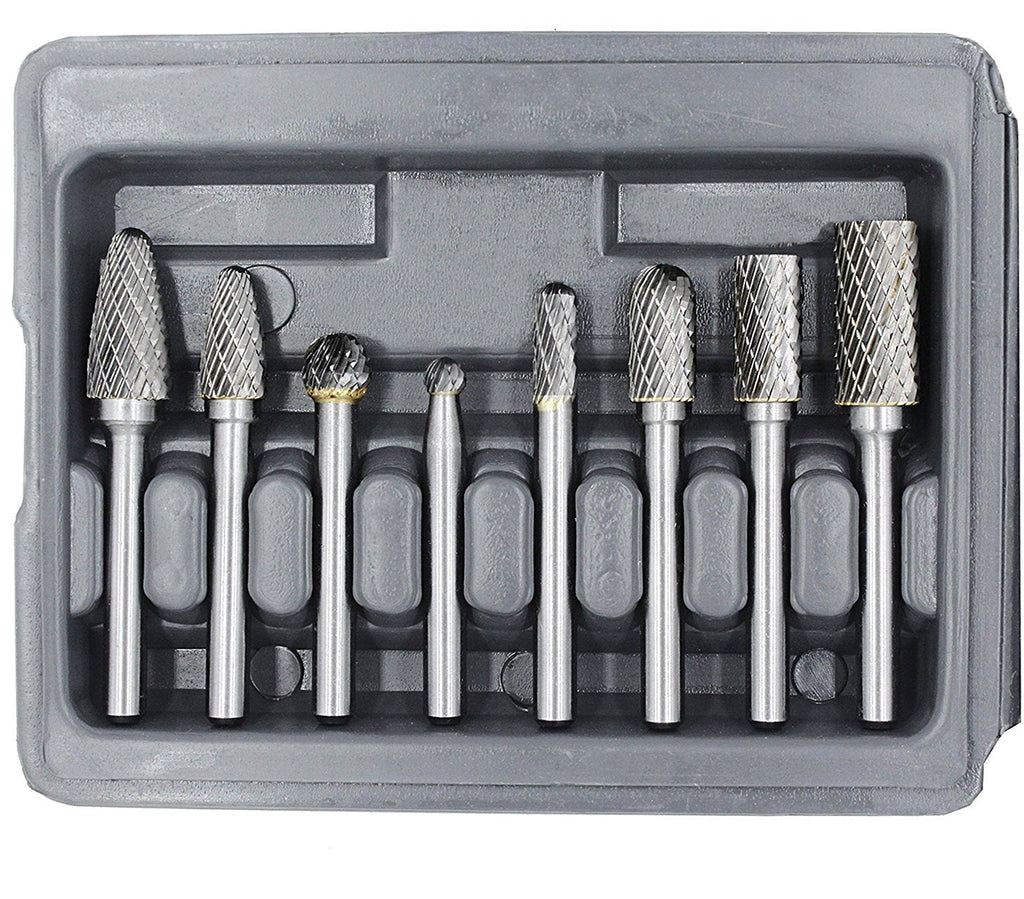 YUFUTOL Carbide Burr Set with 1/4''(6.35mm) Shank 8pcs Double Cut Solid Carbide Rotary Burr Set for Die Grinder Drill, Metal Wood Carving, Engraving,Polishing,Drilling - LeoForward Australia