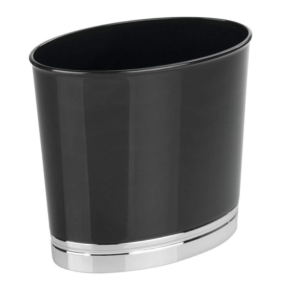  [AUSTRALIA] - mDesign Oval Slim Decorative Plastic Small Trash Can Wastebasket, Garbage Container Bin for Bathrooms, Kitchens, Home Offices, Dorm Rooms - Black/Chrome