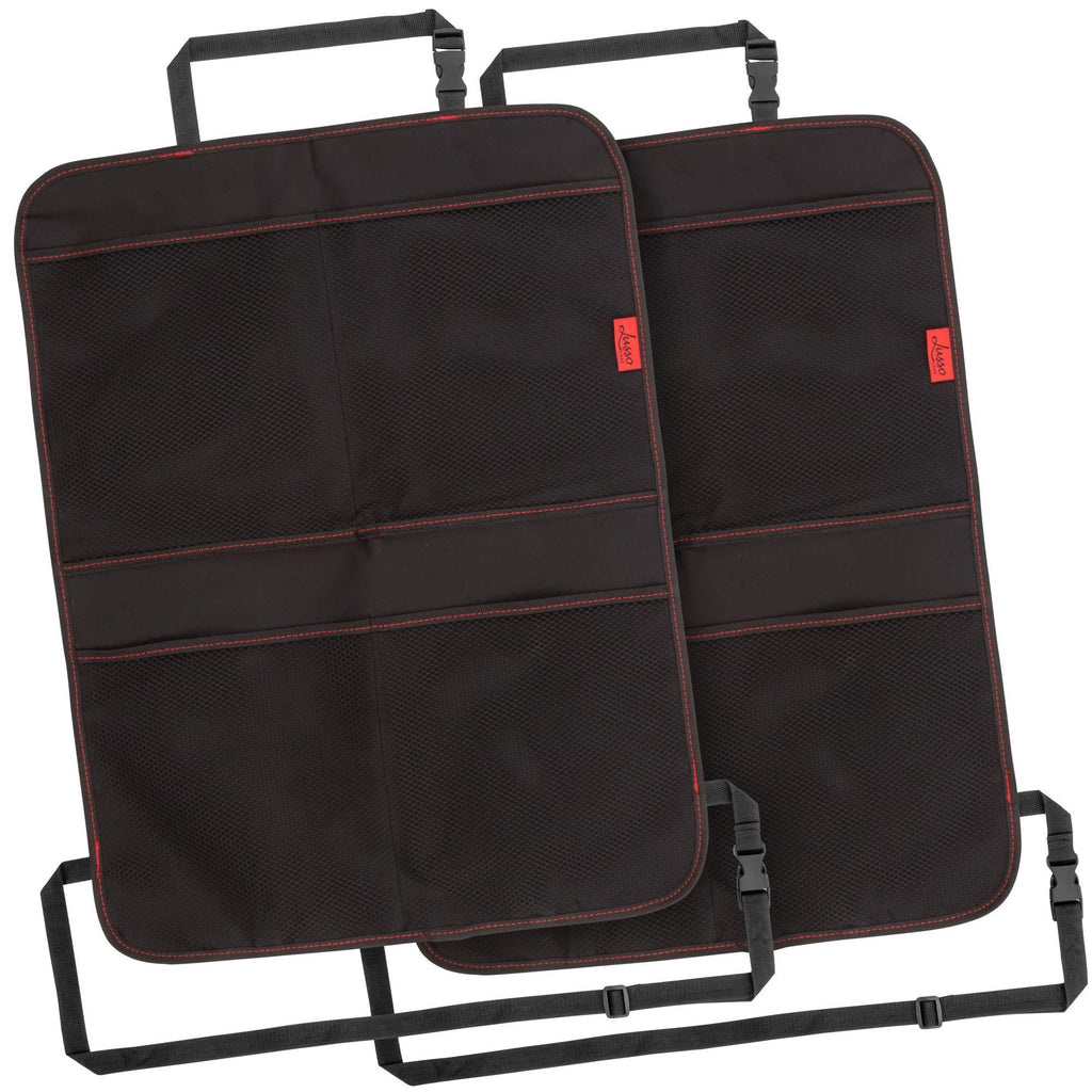  [AUSTRALIA] - Kick Mats (2 Pack) - Car Seat Back Protectors with Odor Free, Premium Waterproof Fabric, Reinforced Corners to Prevent Sag, and 4 Mesh Pockets for Large Storage Black with Red Stitching