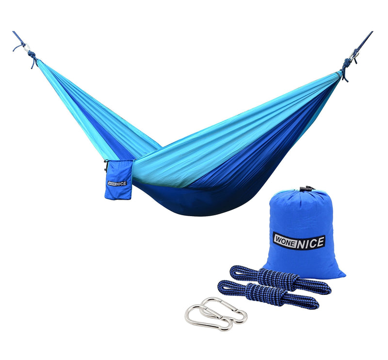  [AUSTRALIA] - WoneNice Camping Hammock - Portable Lightweight Double Nylon Hammock, Best Parachute Hammock with 2 x Hanging Straps for Backpacking, Camping, Travel, Beach, Yard and Garden Blue/Sky Blue