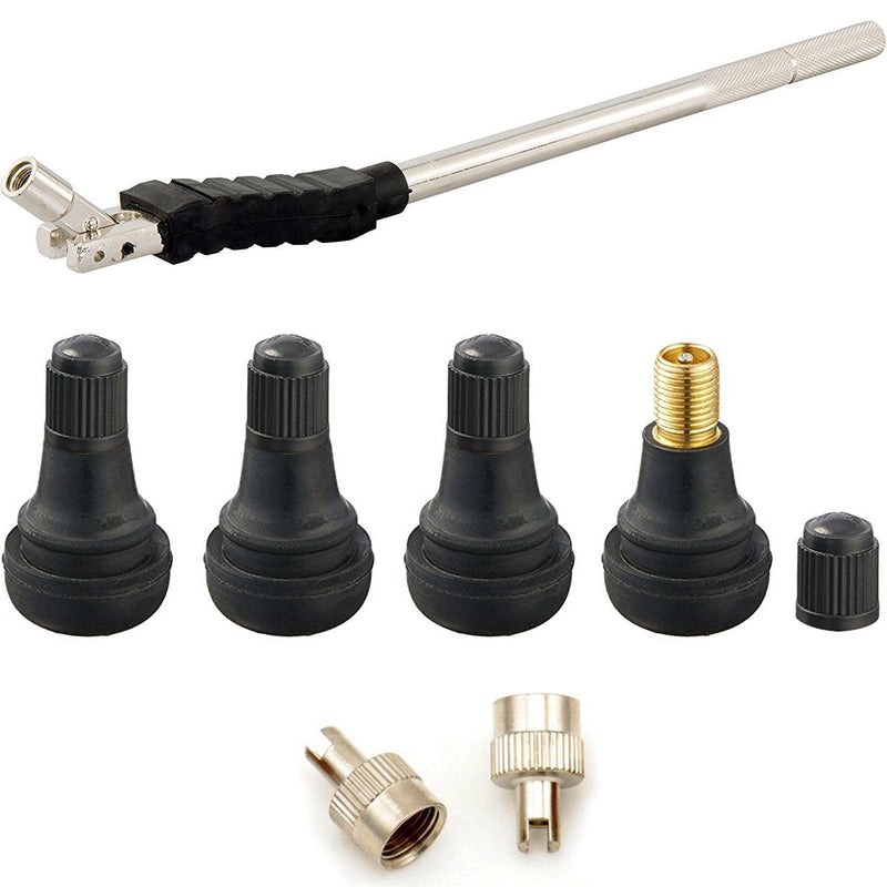  [AUSTRALIA] - Tire Valve Stem Tool Remover & Installation - 4x Shorty BRASS Core Valve Stems, EASILY REPLACE Your Old Tubeless Valve Stems, 2x Valve Core Remover Caps, Removal & Installer Replacement Kit, OEM Grade