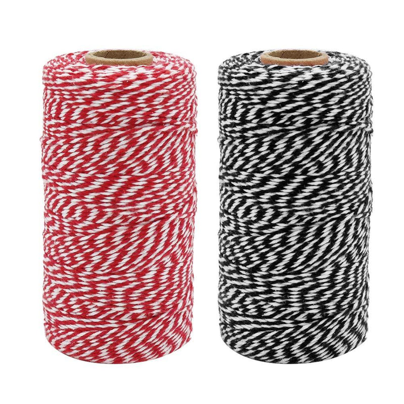  [AUSTRALIA] - Tenn Well Bakers Twine, 656 Feet 2mm Striped Cotton Twine Ribbon for Gift Wrapping, Baking, Crafting and Festival Decoration (328 Feet/Roll) Black + Red