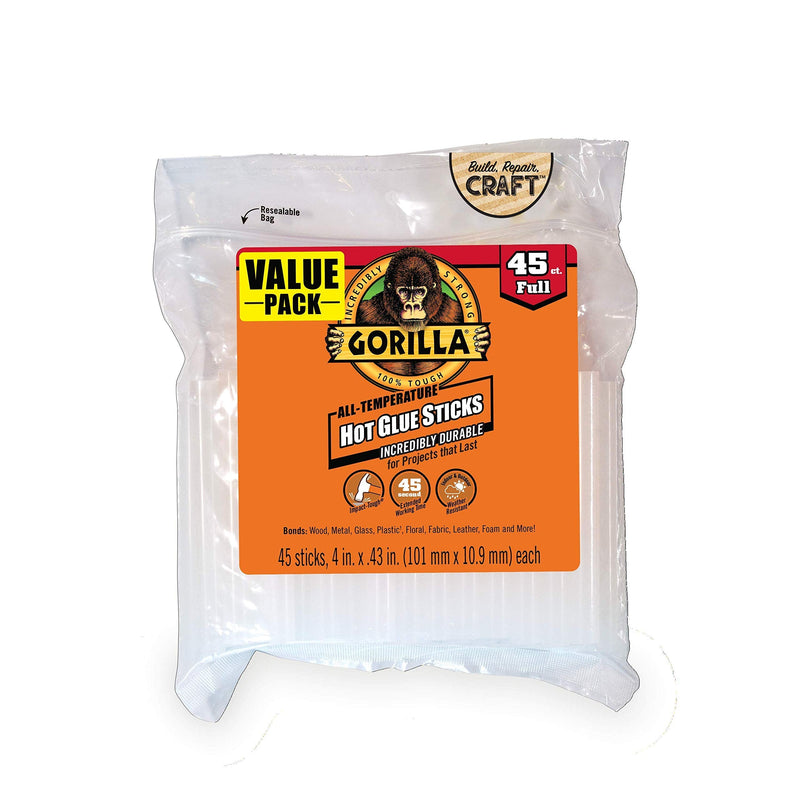  [AUSTRALIA] - Gorilla Hot Glue Sticks, Full Size, 4" Long x .43" Diameter, 45 Count, Clear, (Pack of 1)