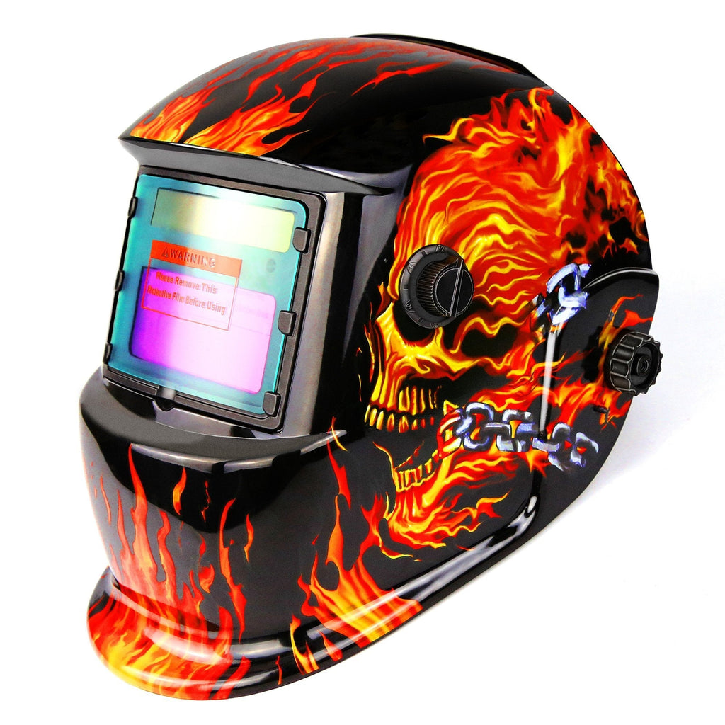  [AUSTRALIA] - DEKOPRO Welding Helmet Solar Powered Auto Darkening Hood with Adjustable Shade Range 4/9-13 for Mig Tig Arc Welder Mask Shield Flaming Skull Design