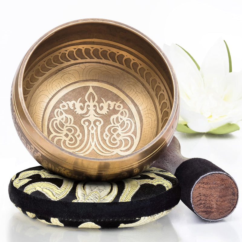 Tibetan Singing Bowl Set ~ Easy to Play with New Dual-End Striker & Cushion ~ Creates Beautiful Sound for Holistic Healing, Meditation & Relaxation ~ Peace Pattern ~ Gold Bowl with Black Pillow - LeoForward Australia