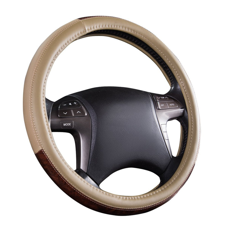  [AUSTRALIA] - CAR PASS Classic Wood Grain Universal Leather Steering Wheel Cover fit for Trucks,suvs,Vans,sedans(Beige) Beige
