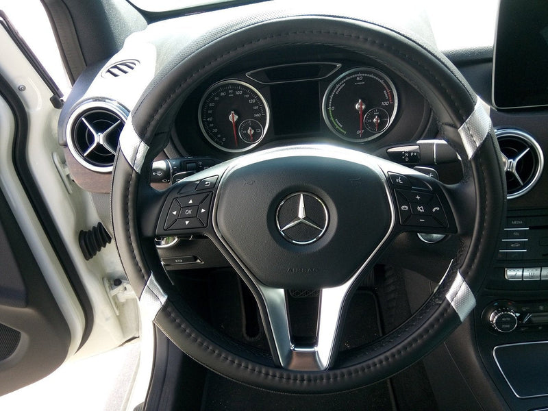  [AUSTRALIA] - Jdragon Black & Silver PU Leather Best Grip Slip-On Steering Wheel Cover 14.25-15" Diameter