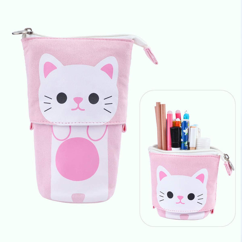 iSuperb Transformer Stand Store Pencil Holder Canvas+PU Cartoon Cute Cat Telescopic Pencil Pouch Bag Stationery Pen Case Box with Zipper Closure 7.5 x 4.9 x 3.0inch/4.1x 3.0inch Pink - LeoForward Australia