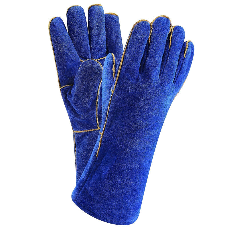 [AUSTRALIA] - DEKO Welding Gloves 14 inch Leather Forge Heat Resistant Welding Glove for Mig, Tig Welder, BBQ, Furnace, Camping, Stove, Fireplace and More (Blue)