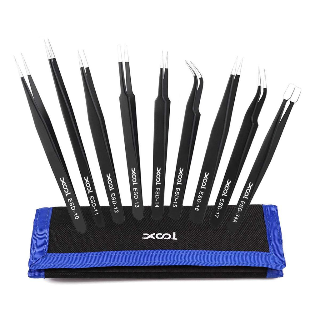  [AUSTRALIA] - Precision Tweezers Set, XOOL 9 PCS ESD Tweezers Set, Anti-Static Stainless Steel Tweezers Kit, Non-magnetic and Multi-standard Stainless Steel Tweezers for Lab, Electronics, Jewelry and Detailed Work ESD Tweezers 9 PCS